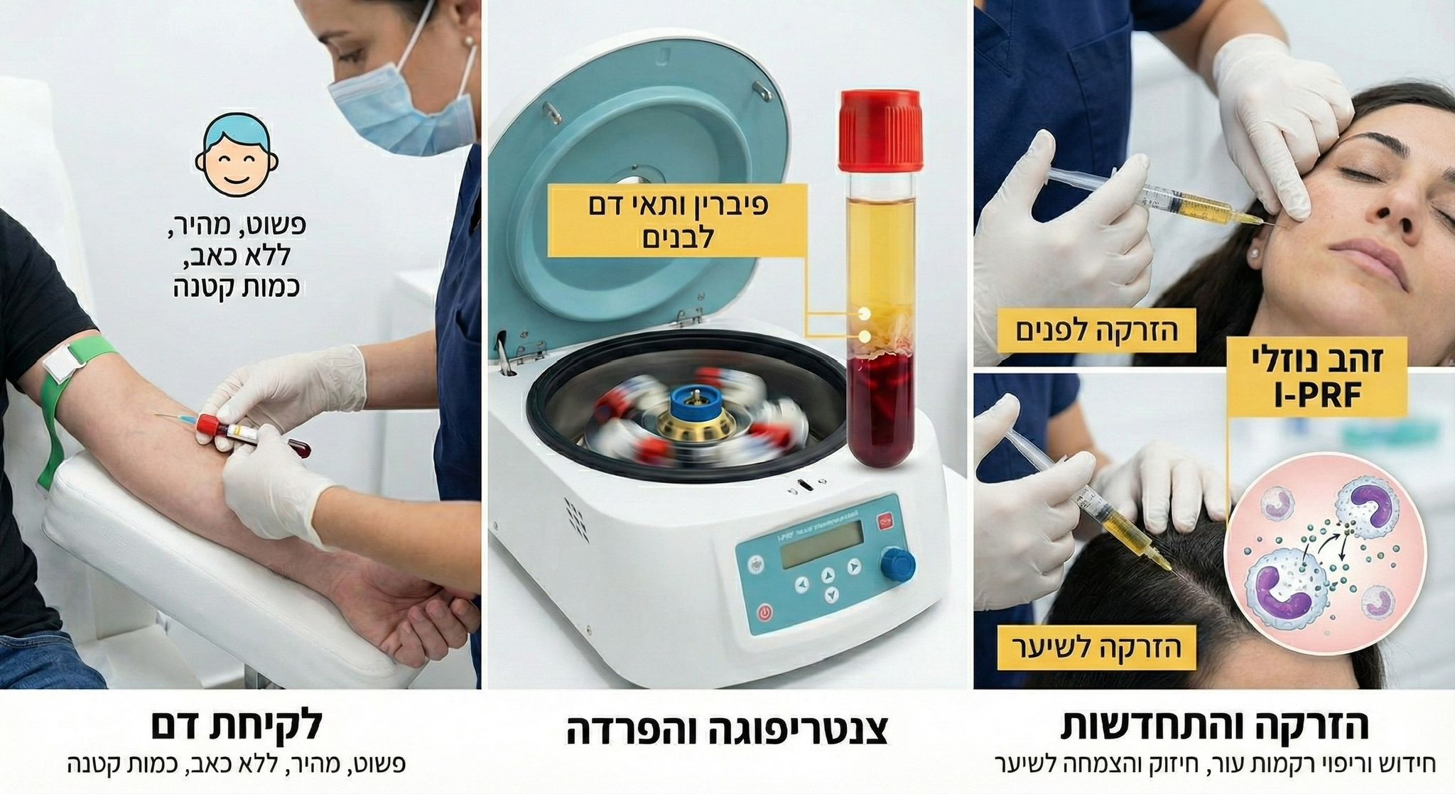 תהליך טיפול iPRF - לקיחת דם, צנטריפוגה והפרדה, הזרקה והתחדשות
